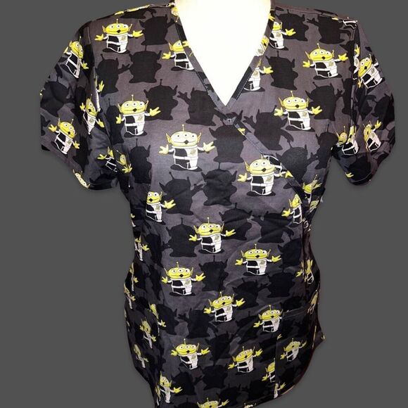 NWT Scrubstar Pixar Toy Story "Alien Madness" Print Women's Mock Wrap Scrub Top - Picture 1 of 5
